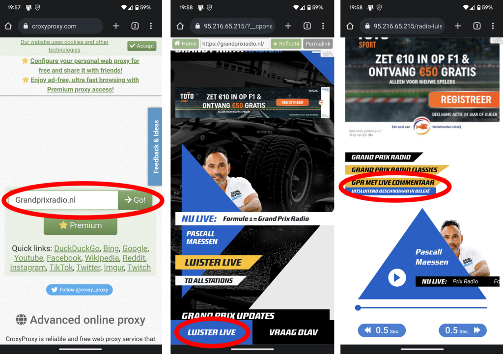 Formule 1 met commentaar van Grand Prix Radio via CroxyProxy.com op Android