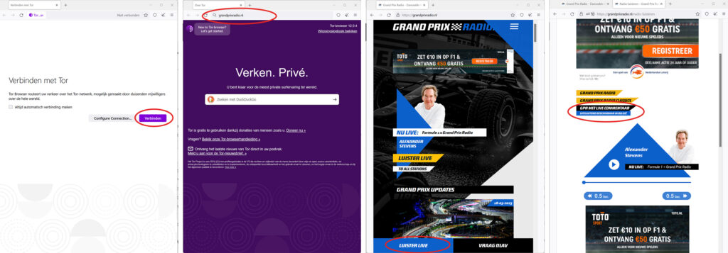 Commentaar Grand Prix Radio via Windows via TOR Browser