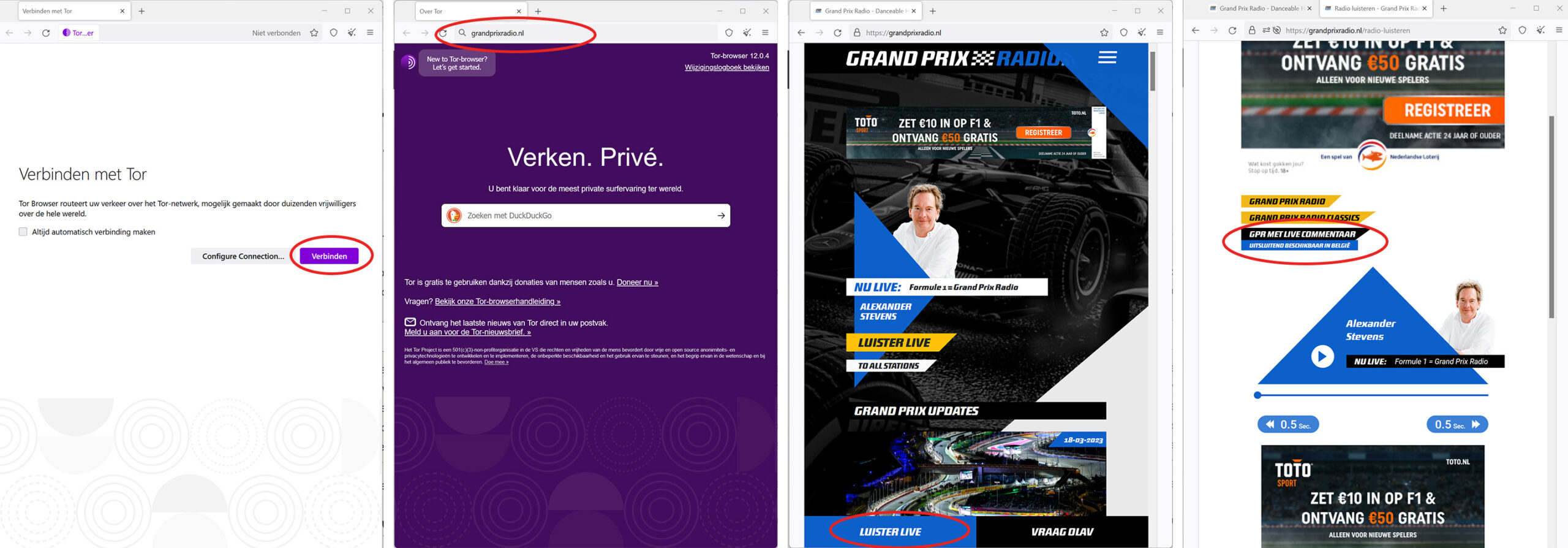Commentaar Grand Prix Radio via Windows via TOR Browser